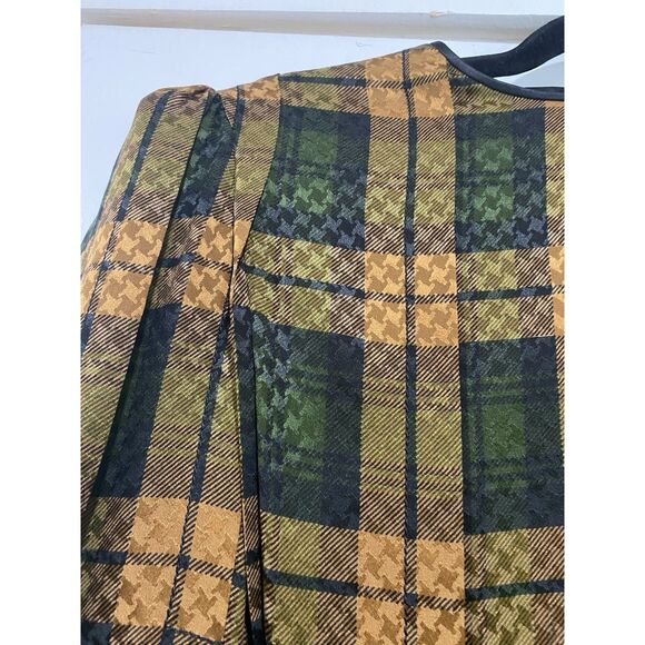 James Galanos Sz XS Silk Dress Shift Green Brown Plaid Long Bishop Sleeves MIDI - Picture 2 of 15